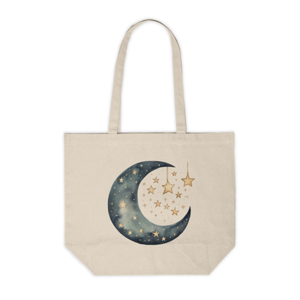 Moon & Stars Canvas Tote Bag | Celestial Aesthetic Tote | Crescent Moon Bag